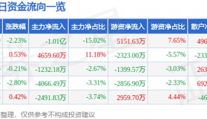 股票行情快报：东吴证券（601555）9月23日主力资金净卖出1.01亿元