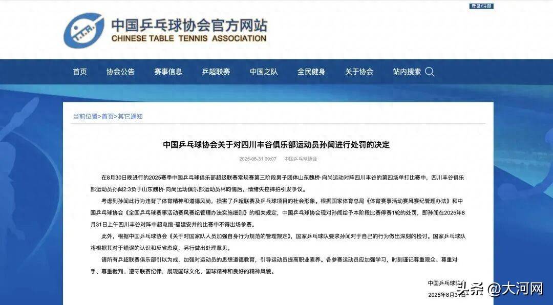 中国乒乓球协会发布关于对孙闻进行处罚的决定