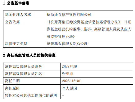 招商证券资管副总经理张亚非离任