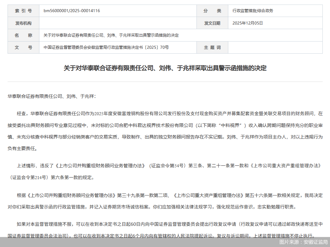 因出具的独立财务顾问报告存在不实记载等问题,华泰联合证券及相关责任人被监管警示